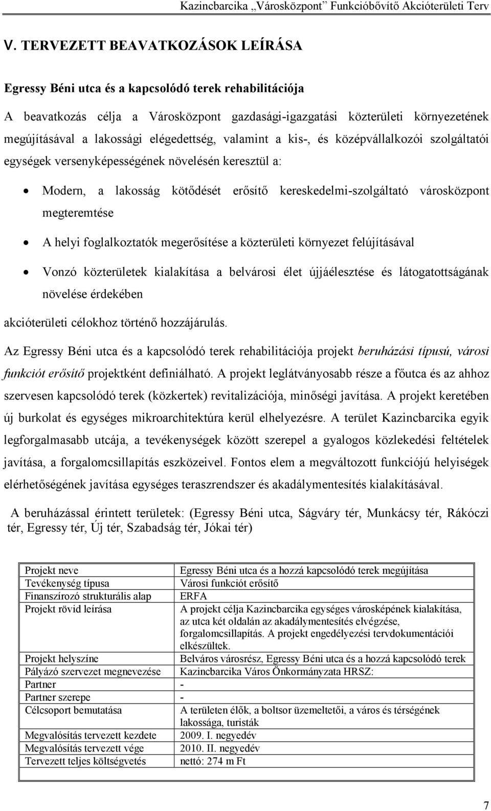 megteremtése A helyi foglalkoztatók megerősítése a közterületi környezet felújításával Vonzó közterületek kialakítása a belvárosi élet újjáélesztése és látogatottságának növelése érdekében