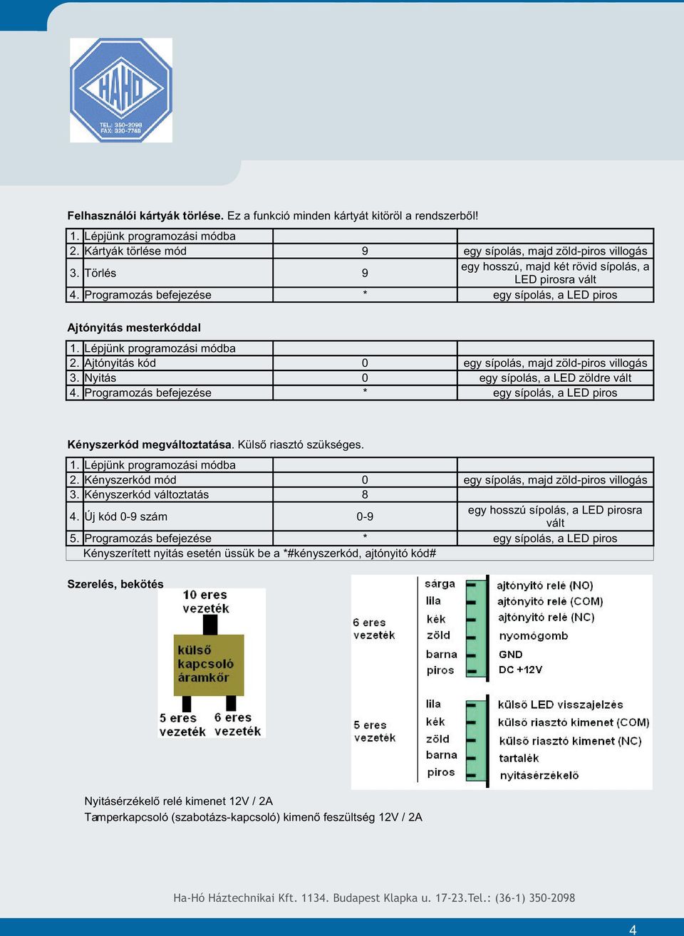 Nyitás 0 egy sípolás, a LED zöldre vált Kényszerkód megváltoztatása. Külsõ riasztó szükséges. 2. Kényszerkód mód 0 egy sípolás, majd zöld-piros villogás 3. Kényszerkód változtatás 8 4.