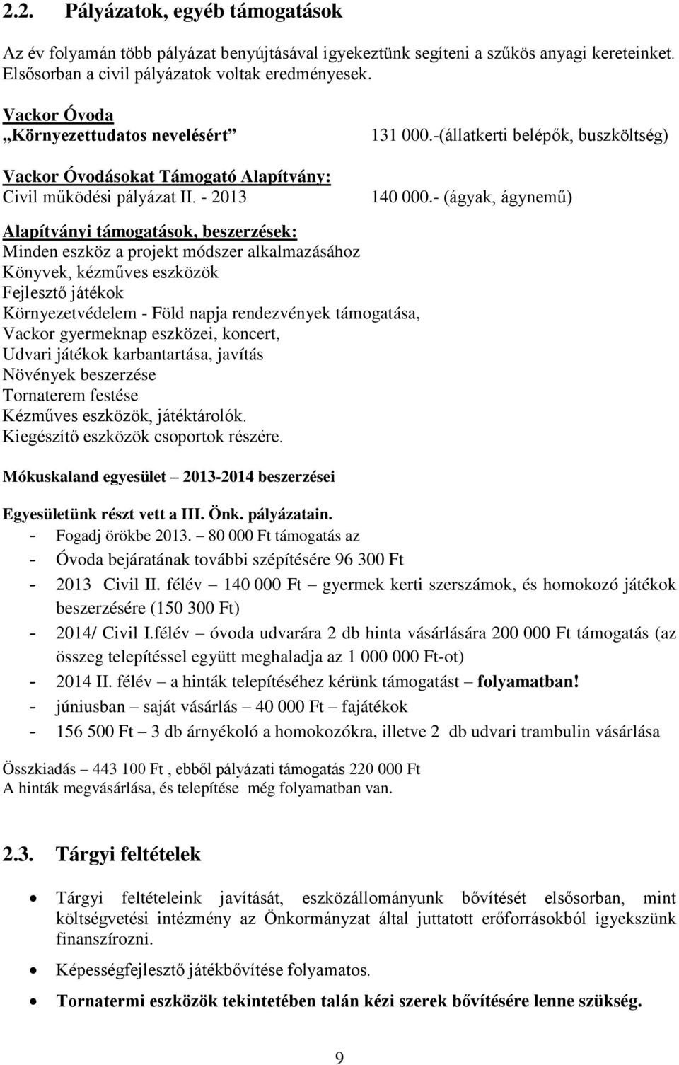 - (ágyak, ágynemű) Alapítványi támogatások, beszerzések: Minden eszköz a projekt módszer alkalmazásához Könyvek, kézműves eszközök Fejlesztő játékok Környezetvédelem - Föld napja rendezvények