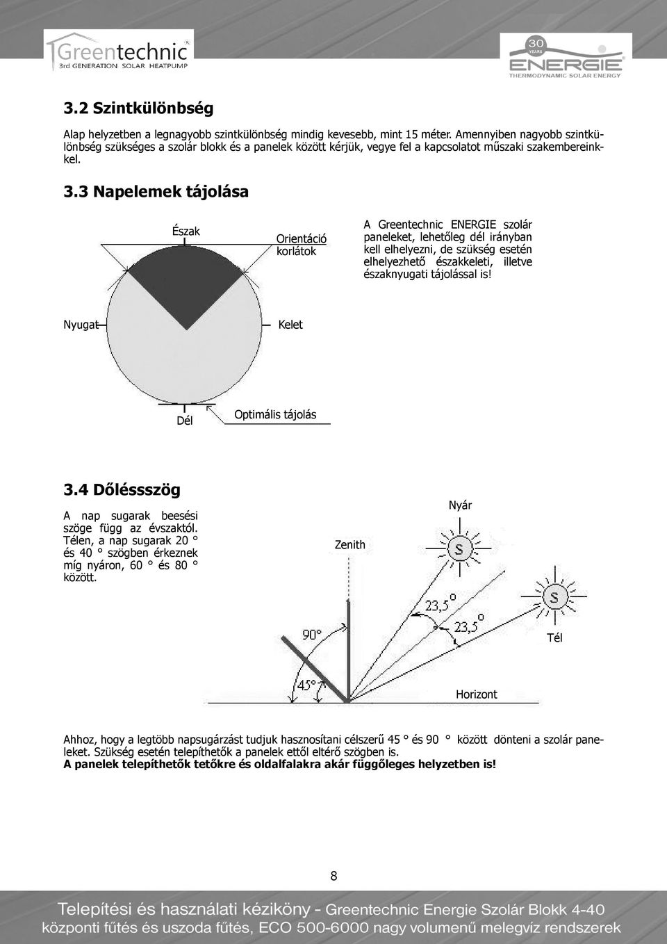 3 Napelemek tájolása Észak Orientáció korlátok A Greentechnic ENERGIE szolár paneleket, lehetőleg dél irányban kell elhelyezni, de szükség esetén elhelyezhető északkeleti, illetve északnyugati