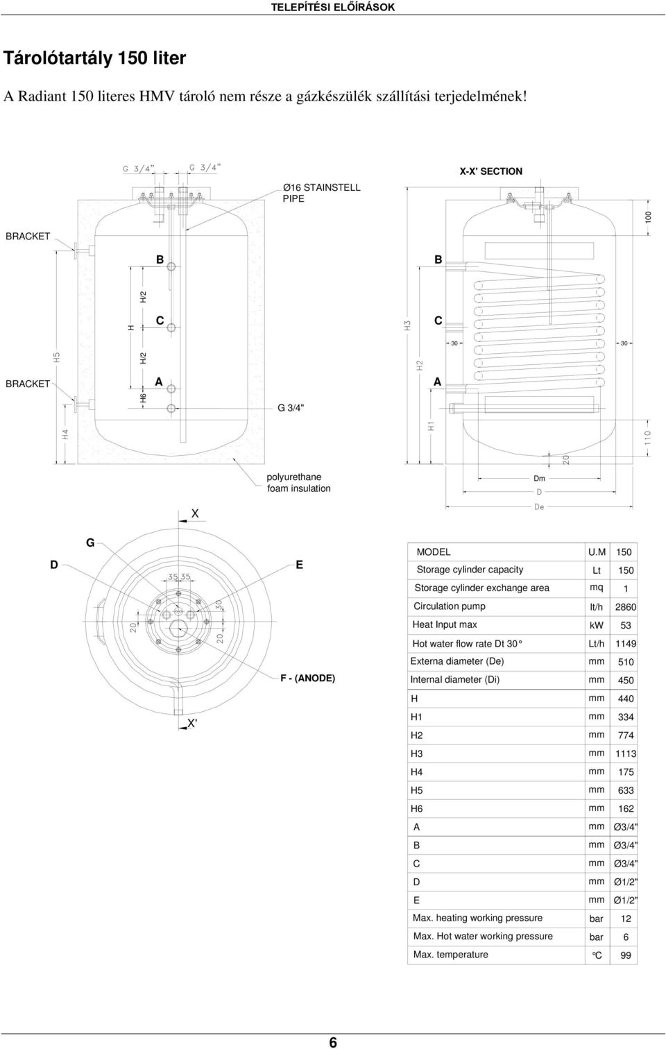 M 150 Storage cylinder capacity Lt 150 Storage cylinder exchange area mq 1 Circulation pump lt/h 2860 Heat Input max kw 53 Hot water flow rate Dt 30 Lt/h 1149 Externa diameter (De)