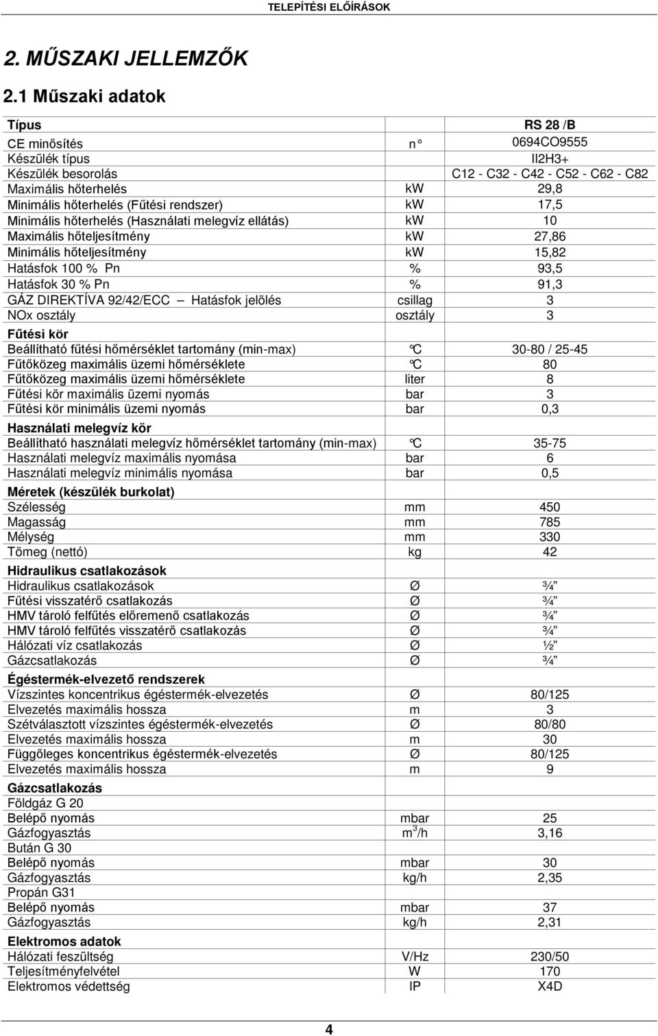 rendszer) kw 17,5 Minimális hőterhelés (Használati melegvíz ellátás) kw 10 Maximális hőteljesítmény kw 27,86 Minimális hőteljesítmény kw 15,82 Hatásfok 100 % Pn % 93,5 Hatásfok 30 % Pn % 91,3 GÁZ
