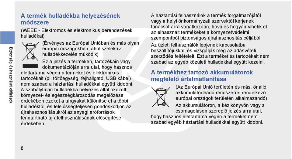 töltőegység, fejhallgató, USB kábel) nem szabad a háztartási hulladékkal együtt kidobni.
