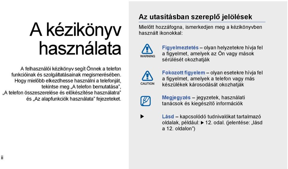 Az utasításban szereplő jelölések Mielőtt hozzáfogna, ismerkedjen meg a kézikönyvben használt ikonokkal: Figyelmeztetés olyan helyzetekre hívja fel a figyelmet, amelyek az Ön vagy mások sérülését