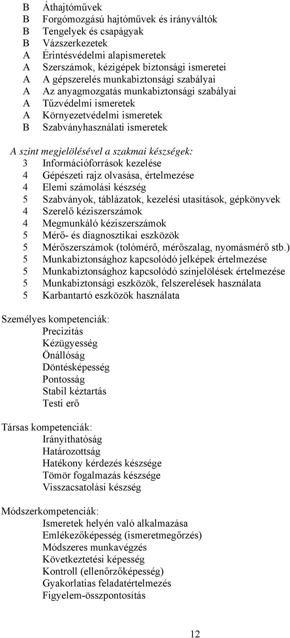 Gépészeti rajz olvasása, értelmezése 4 Elemi számolási készség 5 Szabványok, táblázatok, kezelési utasítások, gépkönyvek 4 Szerelő kéziszerszámok 4 Megmunkáló kéziszerszámok 5 Mérő- és diagnosztikai
