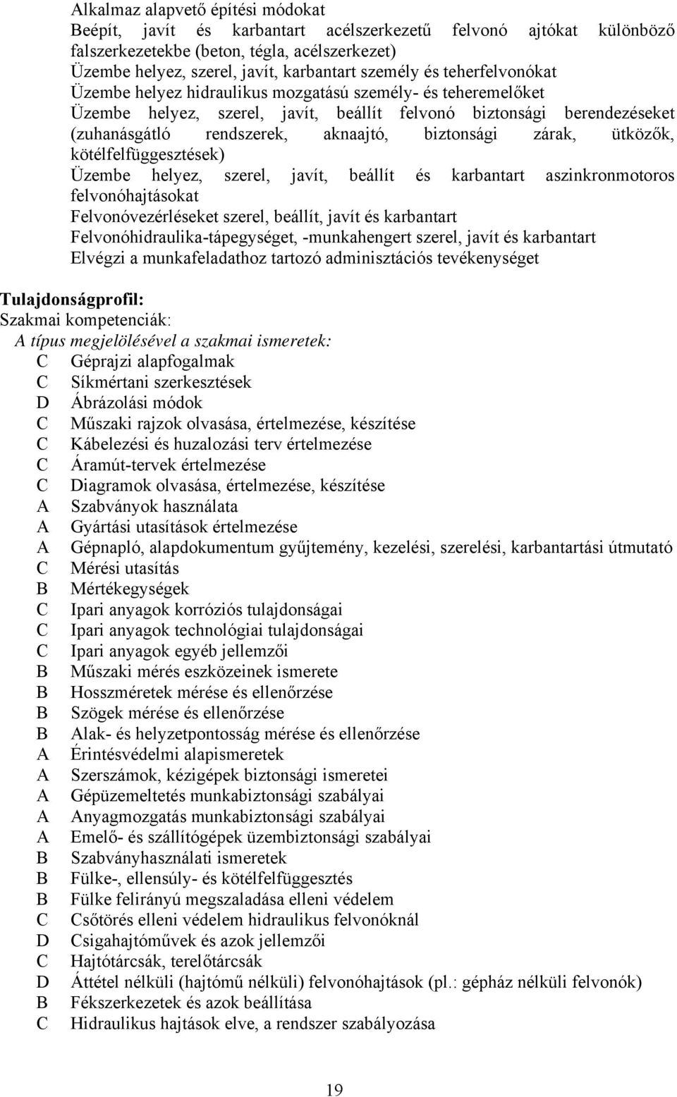 zárak, ütközők, kötélfelfüggesztések) Üzembe helyez, szerel, javít, beállít és karbantart aszinkronmotoros felvonóhajtásokat Felvonóvezérléseket szerel, beállít, javít és karbantart