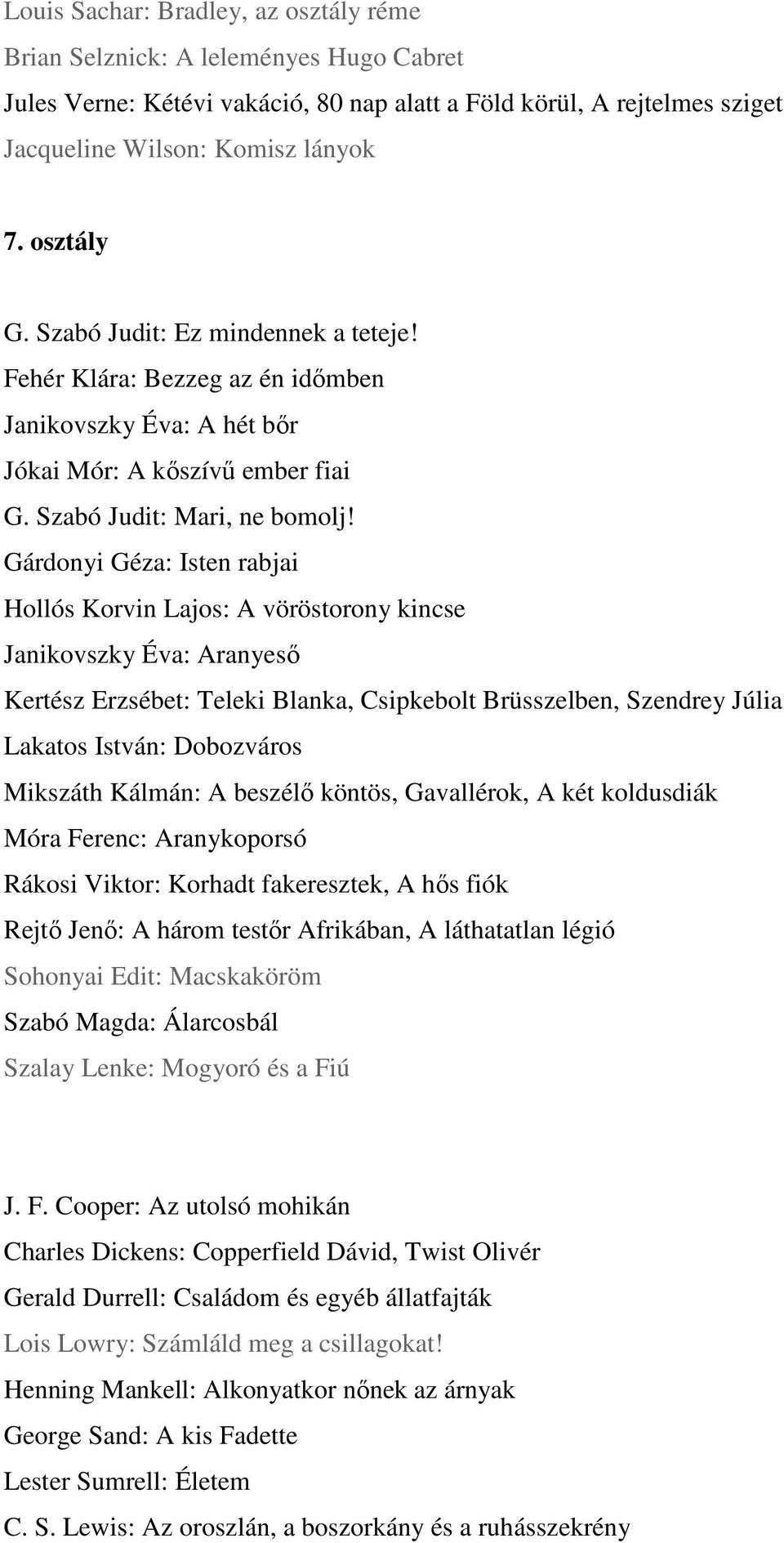 Gárdonyi Géza: Isten rabjai Hollós Korvin Lajos: A vöröstorony kincse Janikovszky Éva: Aranyeső Kertész Erzsébet: Teleki Blanka, Csipkebolt Brüsszelben, Szendrey Júlia Lakatos István: Dobozváros