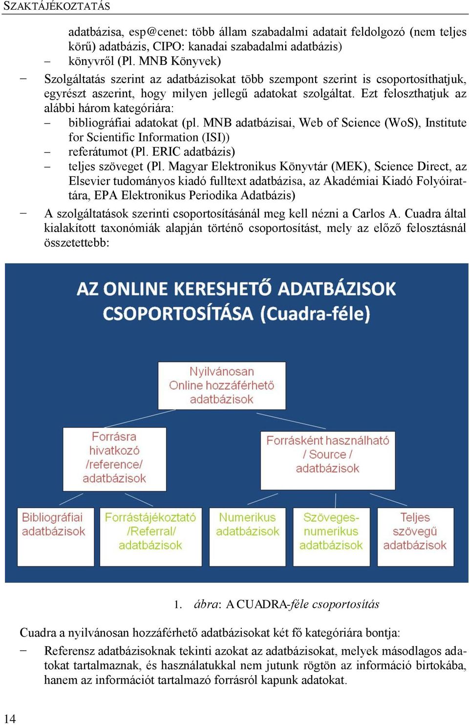 Ezt feloszthatjuk az alábbi három kategóriára: bibliográfiai adatokat (pl. MNB adatbázisai, Web of Science (WoS), Institute for Scientific Information (ISI)) referátumot (Pl.