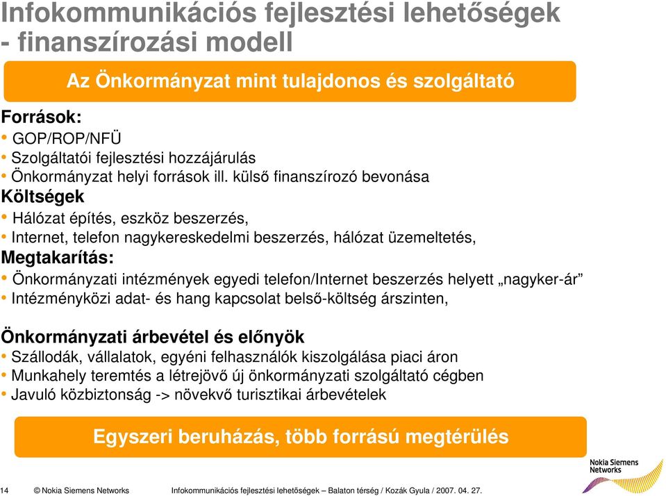 külsı finanszírozó bevonása Költségek Hálózat építés, eszköz beszerzés, Internet, telefon nagykereskedelmi beszerzés, hálózat üzemeltetés, Megtakarítás: Önkormányzati intézmények egyedi