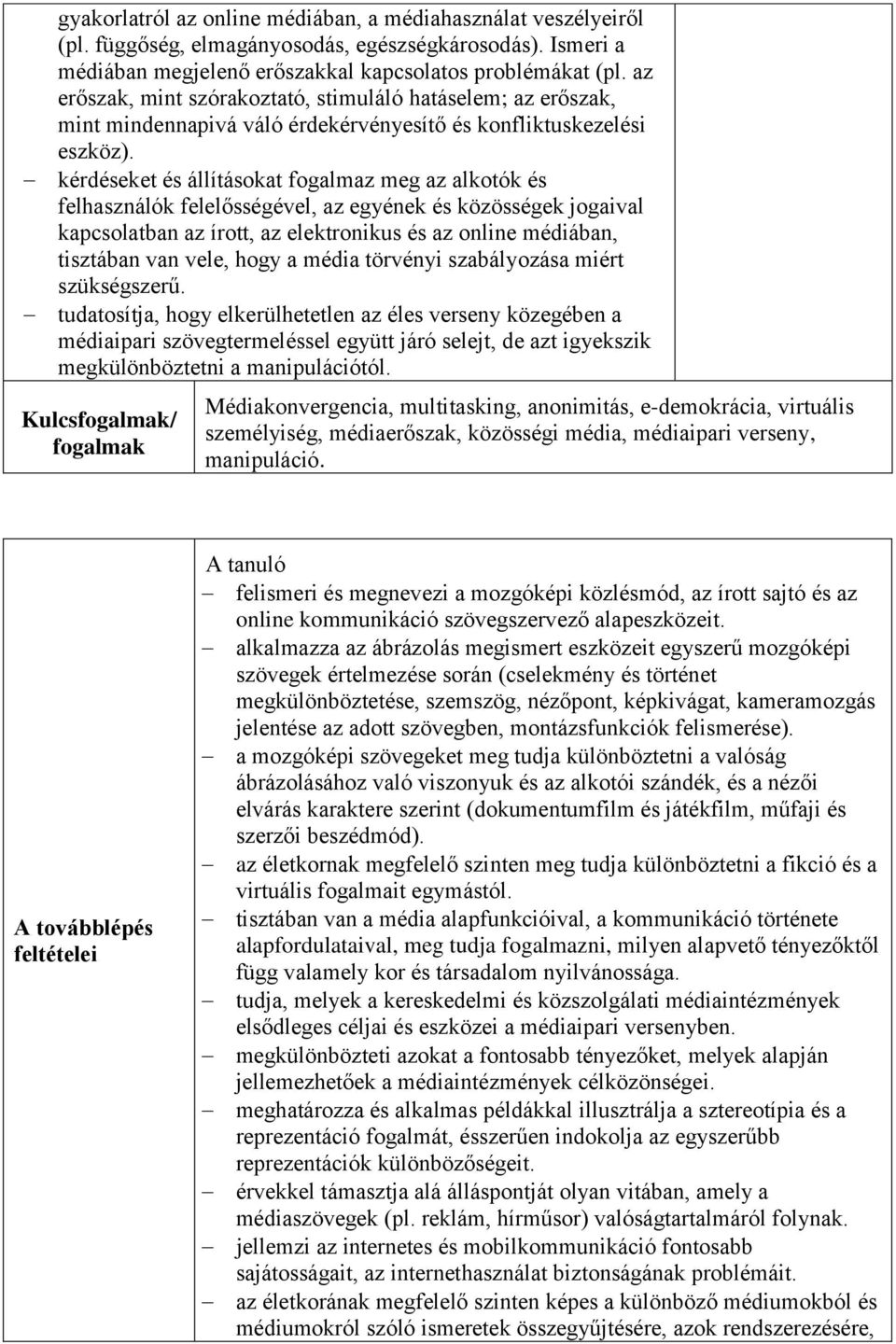 kérdéseket és állításokat fogalmaz meg az alkotók és felhasználók felelősségével, az egyének és közösségek jogaival kapcsolatban az írott, az elektronikus és az online médiában, tisztában van vele,