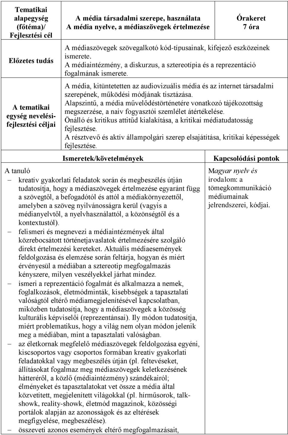 Alapszintű, a média művelődéstörténetére vonatkozó tájékozottság megszerzése, a naiv fogyasztói szemlélet átértékelése. Önálló és kritikus attitűd kialakítása, a kritikai médiatudatosság fejlesztése.