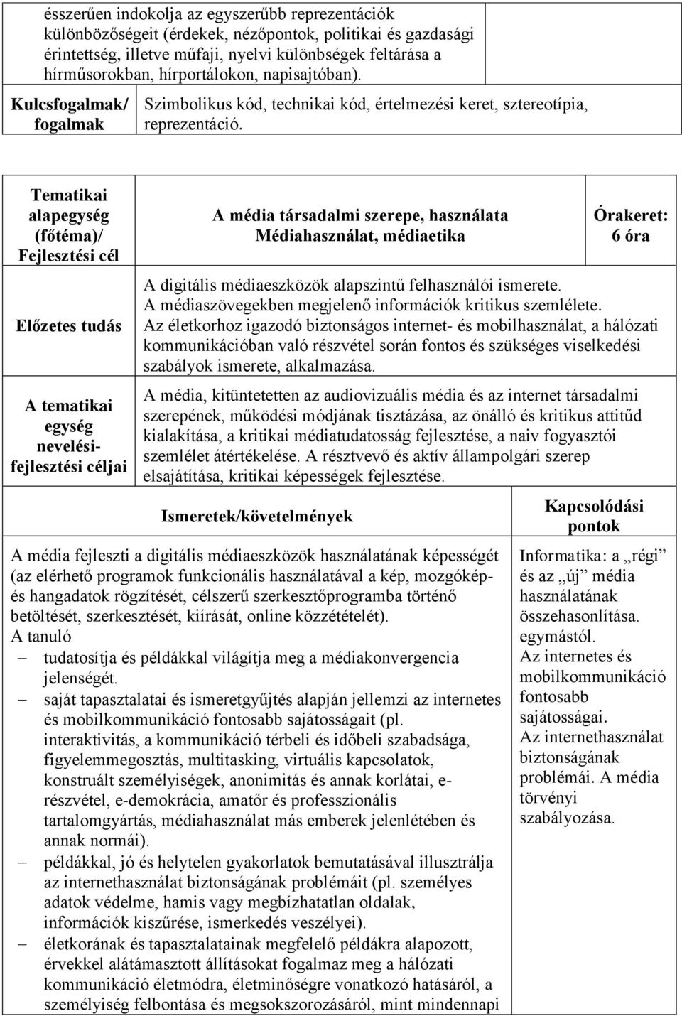 egység nevelésifejlesztési A média társadalmi szerepe, használata Médiahasználat, médiaetika : 6 óra A digitális médiaeszközök alapszintű felhasználói ismerete.