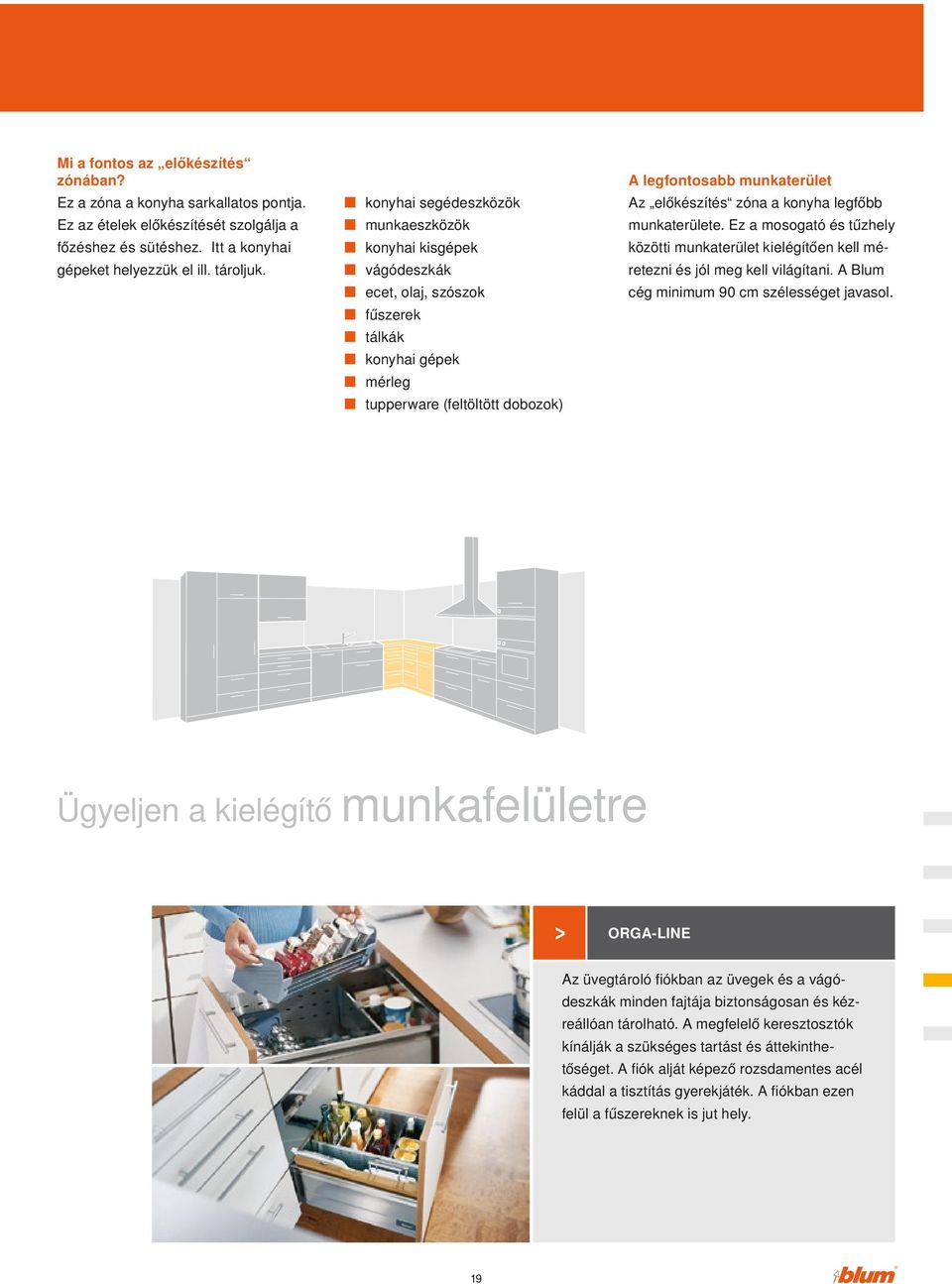 zóna a konyha legfőbb munkaterülete. Ez a mosogató és tűzhely közötti munkaterület kielégítően kell méretezni és jól meg kell világítani. A Blum cég minimum 90 cm szélességet javasol.