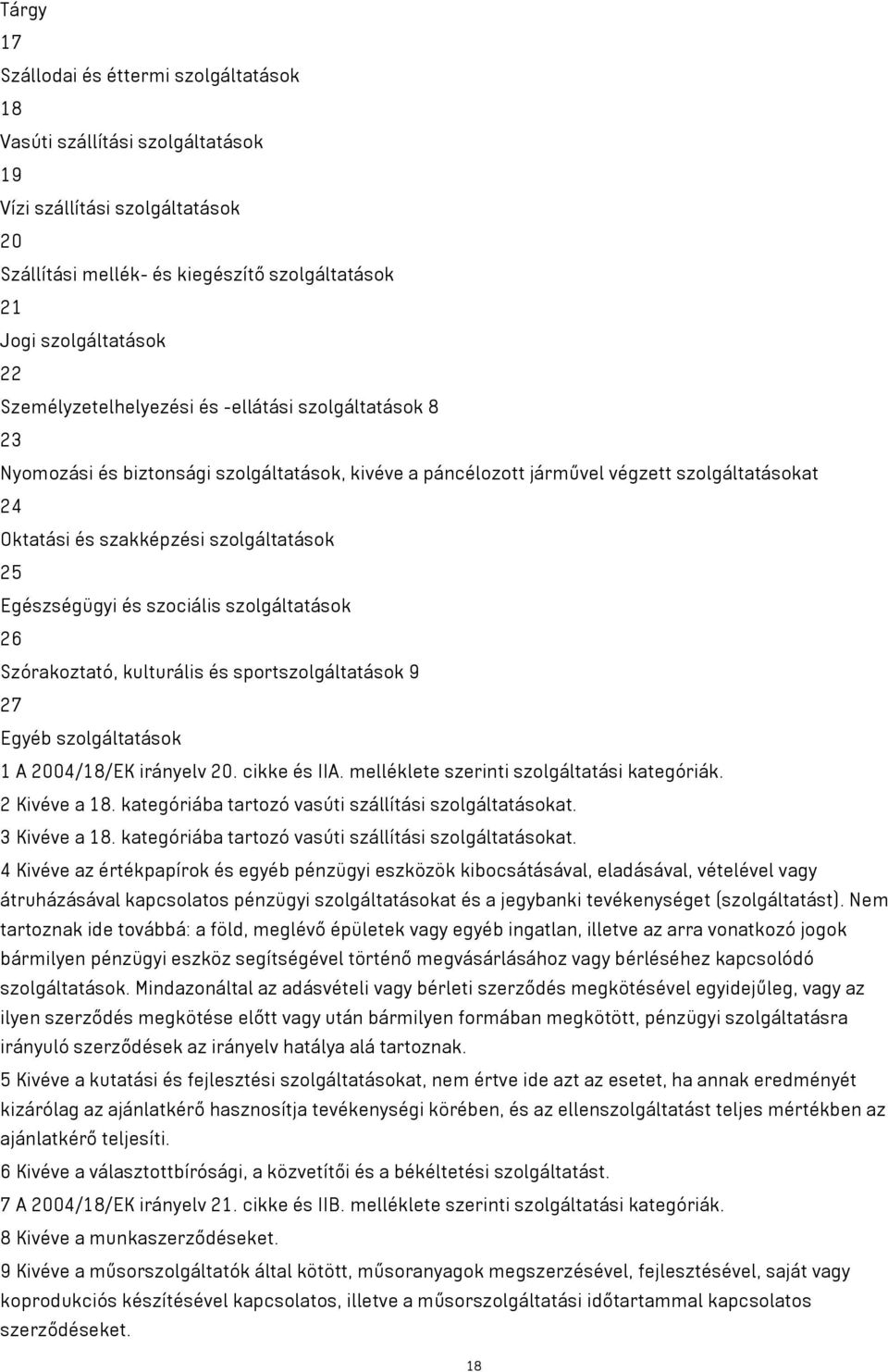 Egészségügyi és szociális szolgáltatások 26 Szórakoztató, kulturális és sportszolgáltatások 9 27 Egyéb szolgáltatások 1 A 2004/18/EK irányelv 20. cikke és IIA.