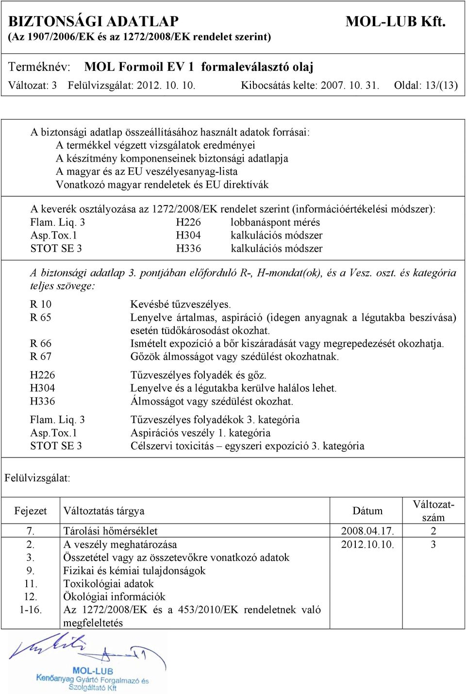 veszélyesanyag-lista Vonatkozó magyar rendeletek és EU direktívák A keverék osztályozása az 1272/2008/EK rendelet szerint (információértékelési módszer): Flam. Liq. 3 H226 lobbanáspont mérés Asp.Tox.