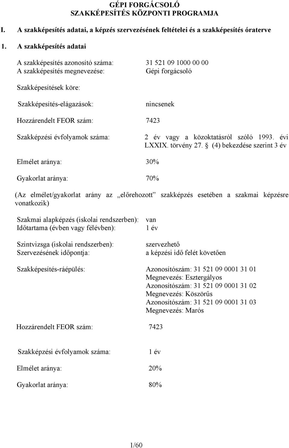 szám: 7423 Szakképzési évfolyamok száma: 2 év vagy a közoktatásról szóló 1993. évi LXXIX. törvény 27.