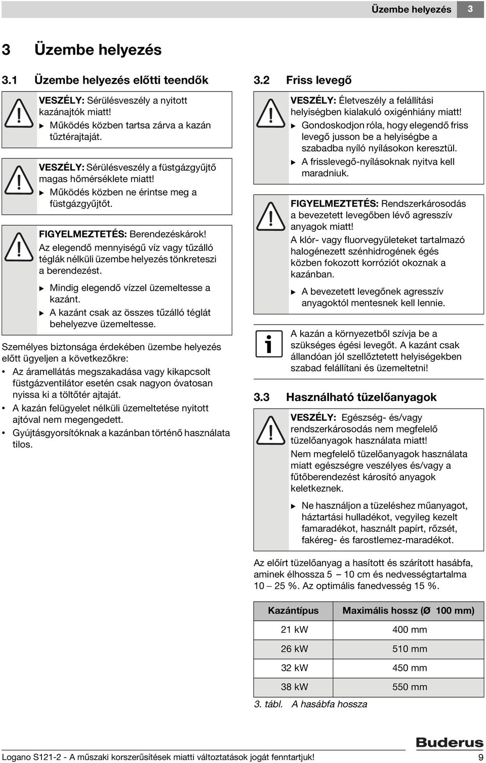 Az elegendő mennyiségű víz vagy tűzálló téglák nélküli üzembe helyezés tönkreteszi a berendezést. B Mindig elegendő vízzel üzemeltesse a kazánt.