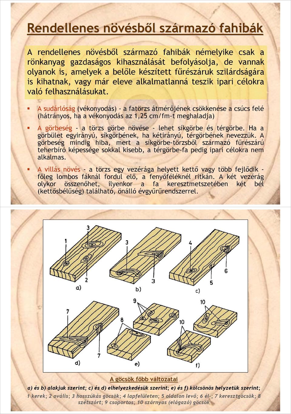 A sudárl rlóság (vékonyodás) - a fatörzs átmérőjének csökkenése a csúcs felé (hátrányos, ha a vékonyodás az 1,25 cm/fm-t meghaladja) A görbesg rbeség - a törzs görbe növése - lehet síkgörbe és