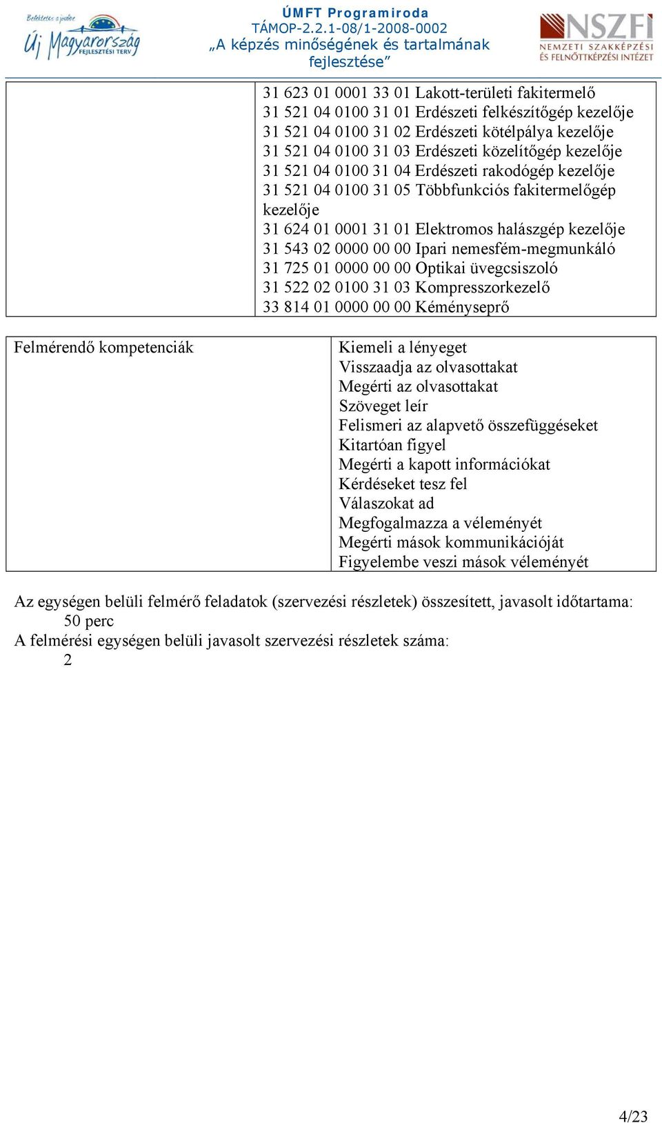 nemesfém-megmunkáló 31 725 01 0000 00 00 Optikai üvegcsiszoló 31 522 02 0100 31 03 Kompresszorkezelő 33 814 01 0000 00 00 Kéményseprő Felmérendő kompetenciák Kiemeli a lényeget Visszaadja az