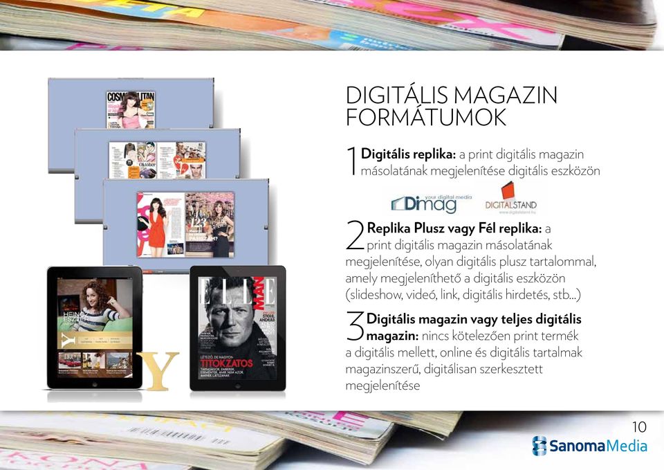 megjeleníthető a digitális eszközön (slideshow, videó, link, digitális hirdetés, stb ) 3 Digitális magazin vagy teljes digitális