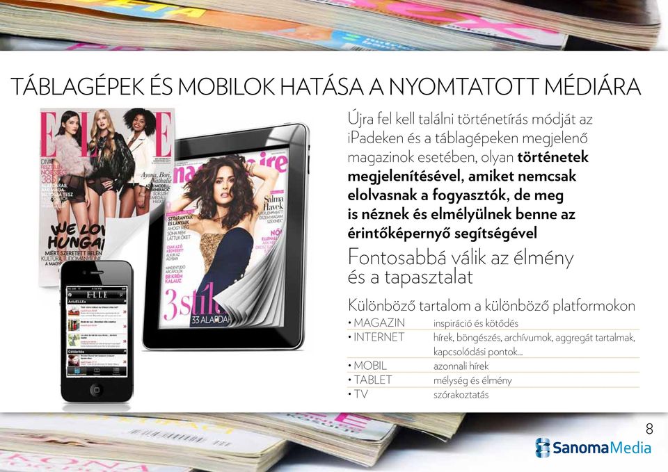 érintőképernyő segítségével Fontosabbá válik az élmény és a tapasztalat Különböző tartalom a különböző platformokon MAGAZIN INTERNET MOBIL