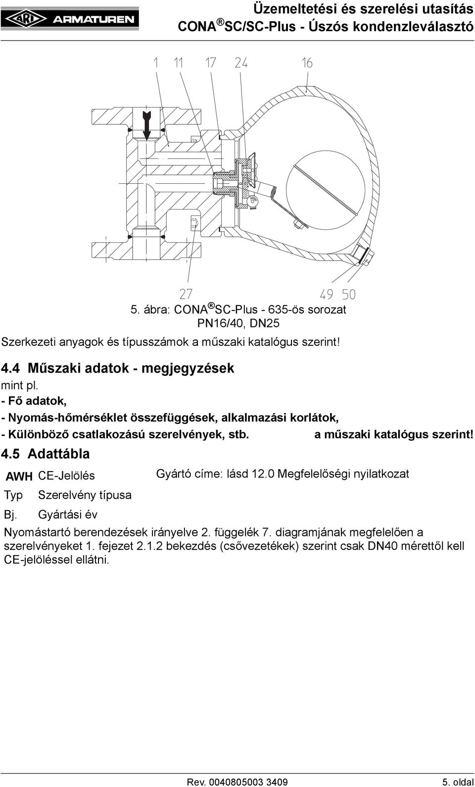 5 Adattábla 5. ábra: CONA SC-Plus - 635-ös sorozat PN16/40, DN25 AWH CE-Jelölés Gyártó címe: lásd 12.0 Megfelelőségi nyilatkozat Typ Szerelvény típusa Bj.