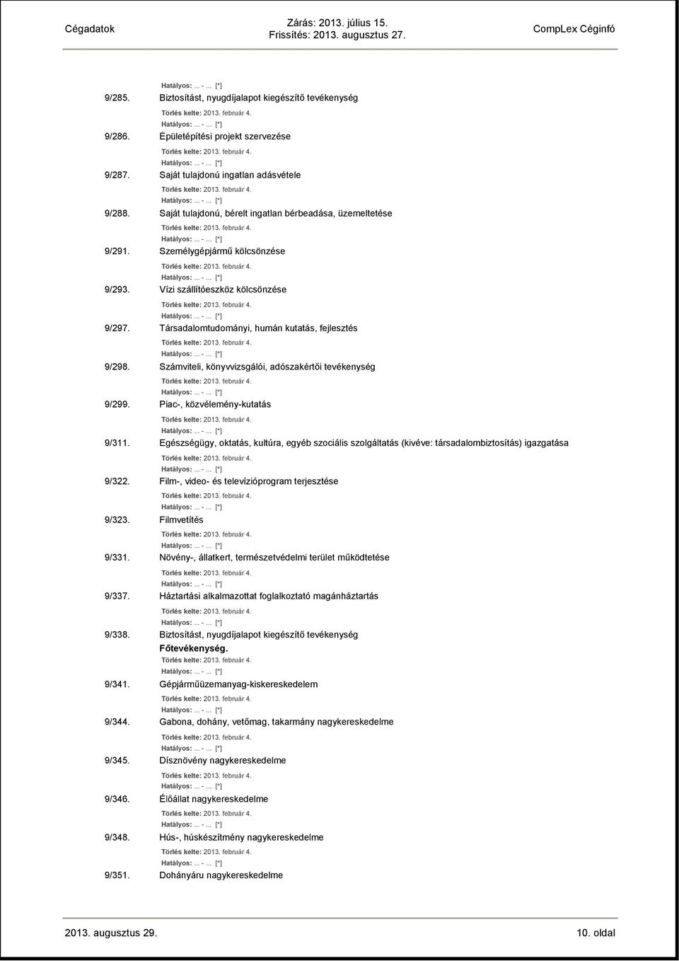 Számviteli, könyvvizsgálói, adószakértői tevékenység 9/299. Piac-, közvélemény-kutatás 9/311.
