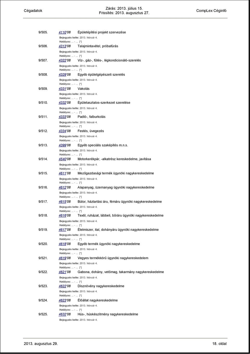4399'08 Egyéb speciális szaképítés m.n.s. 9/514. 4540'08 Motorkerékpár, -alkatrész kereskedelme, javítása 9/515. 4611'08 Mezőgazdasági termék ügynöki nagykereskedelme 9/516.