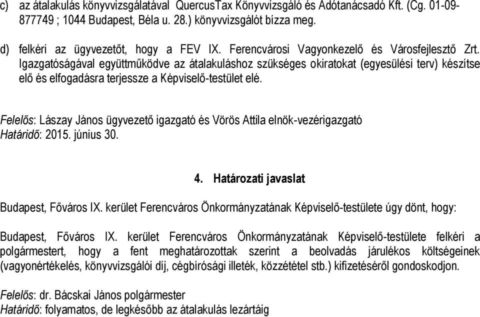 Felelős: Lászay János ügyvezető igazgató és Vörös Attila elnök-vezérigazgató Határidő: 2015. június 30. 4. Határozati javaslat Budapest, Főváros IX.