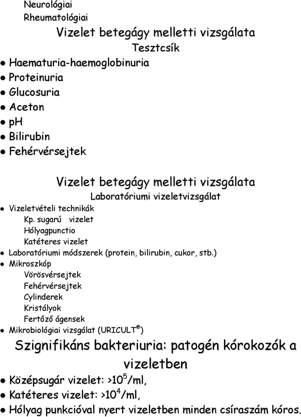 sugarú vizelet Hólyagpunctio Katéteres vizelet Laboratóriumi módszerek (protein, bilirubin, cukor, stb.