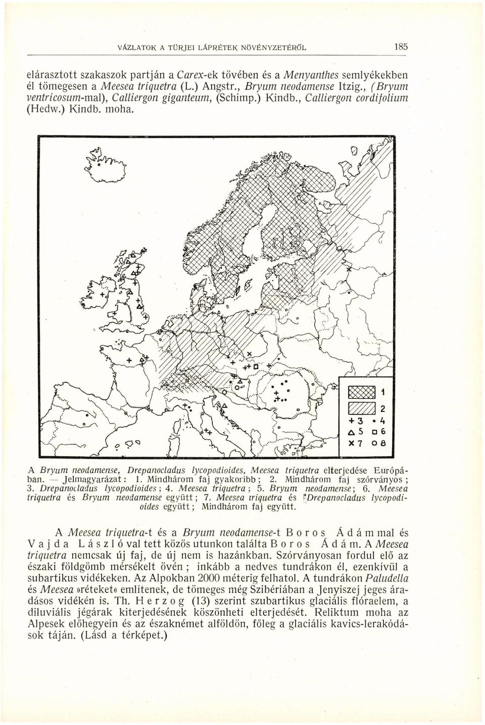 Jelmagyarázat: 1. Mindhárom faj gyakoribb; 2. Mindhárom faj szórványos; 3. Drepanocladus lycopodioides ; 4. Meesea triquetra; 5. Bryum neodamense; 6. Meesea triquetra és Bryum neodamense együtt ; 7.