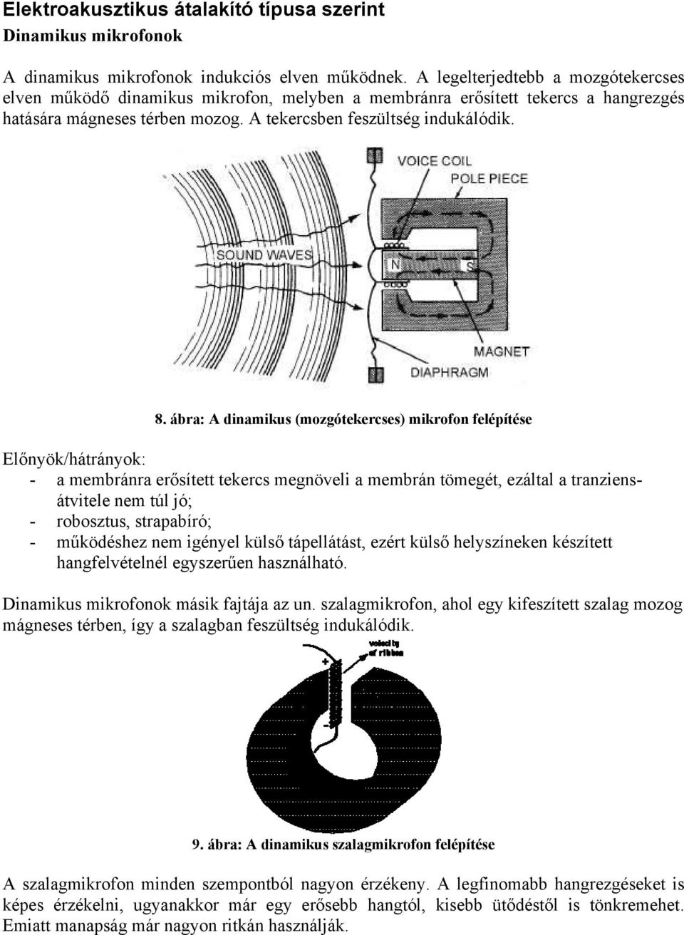 ábra: A dinamikus (mozgótekercses) mikrofon felépítése Előnyök/hátrányok: - a membránra erősített tekercs megnöveli a membrán tömegét, ezáltal a tranziensátvitele nem túl jó; - robosztus, strapabíró;