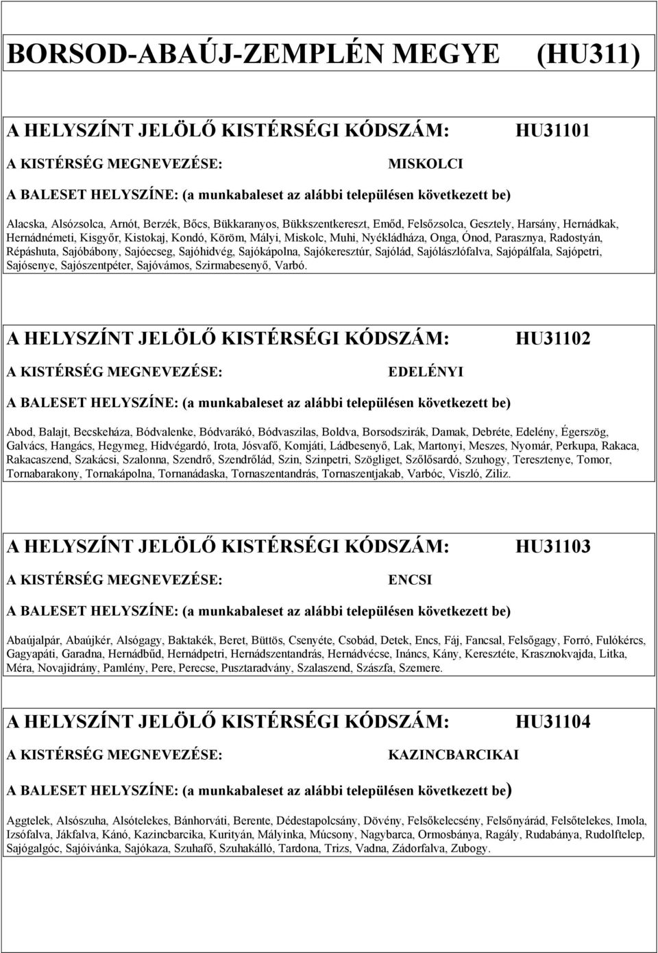 Sajókeresztúr, Sajólád, Sajólászlófalva, Sajópálfala, Sajópetri, Sajósenye, Sajószentpéter, Sajóvámos, Szirmabesenyő, Varbó.
