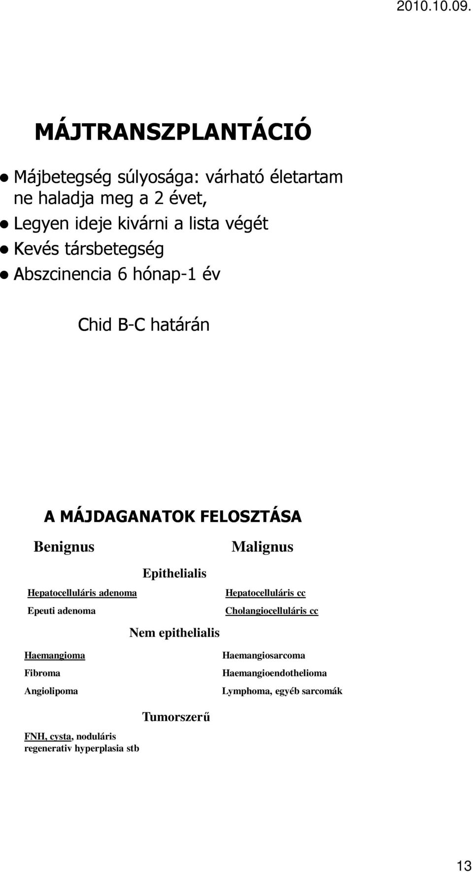 Epeuti adenoma Haemangioma Fibroma Angiolipoma Epithelialis Nem epithelialis Malignus Hepatocelluláris cc