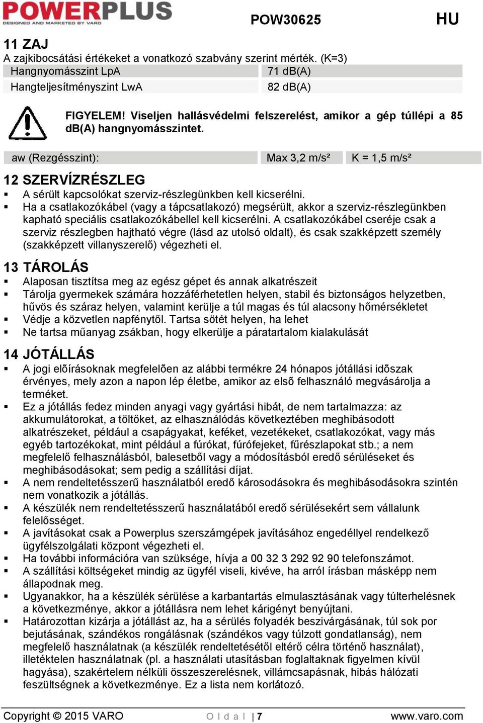 aw (Rezgésszint): Max 3,2 m/s² K = 1,5 m/s² 12 SZERVÍZRÉSZLEG A sérült kapcsolókat szerviz-részlegünkben kell kicserélni.