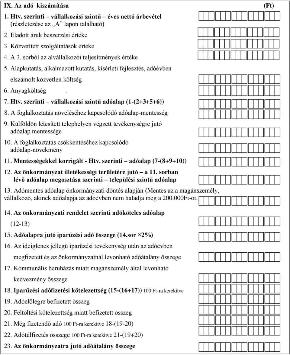 szerinti vállalkozási szintű adóalap (1-(2+3+5+6)) 8. A foglalkoztatás növeléséhez kapcsolódó adóalap-mentesség 9. Külföldön létesített telephelyen végzett tevékenységre jutó adóalap mentessége 10.