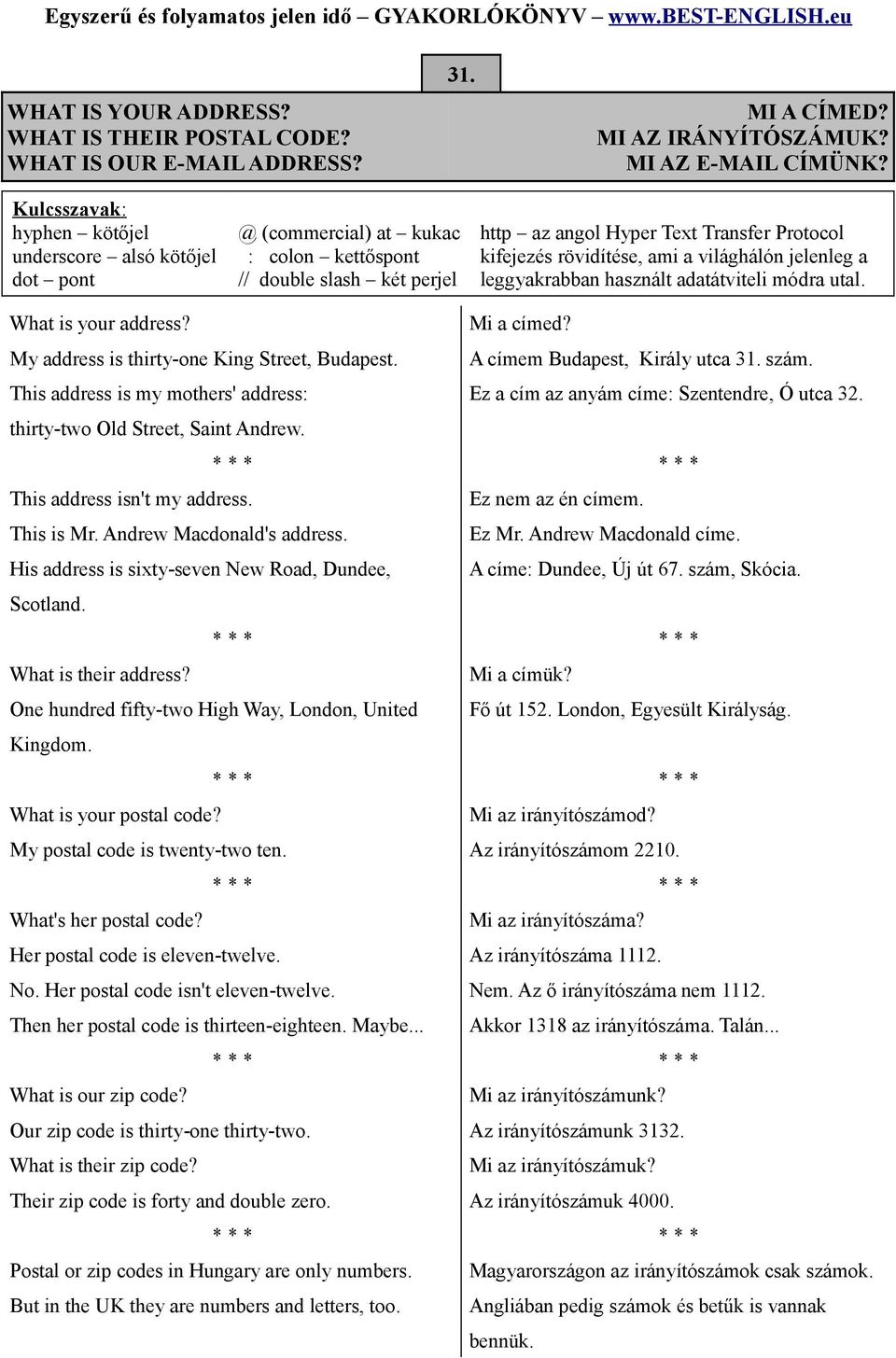 a világhálón jelenleg a leggyakrabban használt adatátviteli módra utal. What is your address? My address is thirty-one King Street, Budapest.