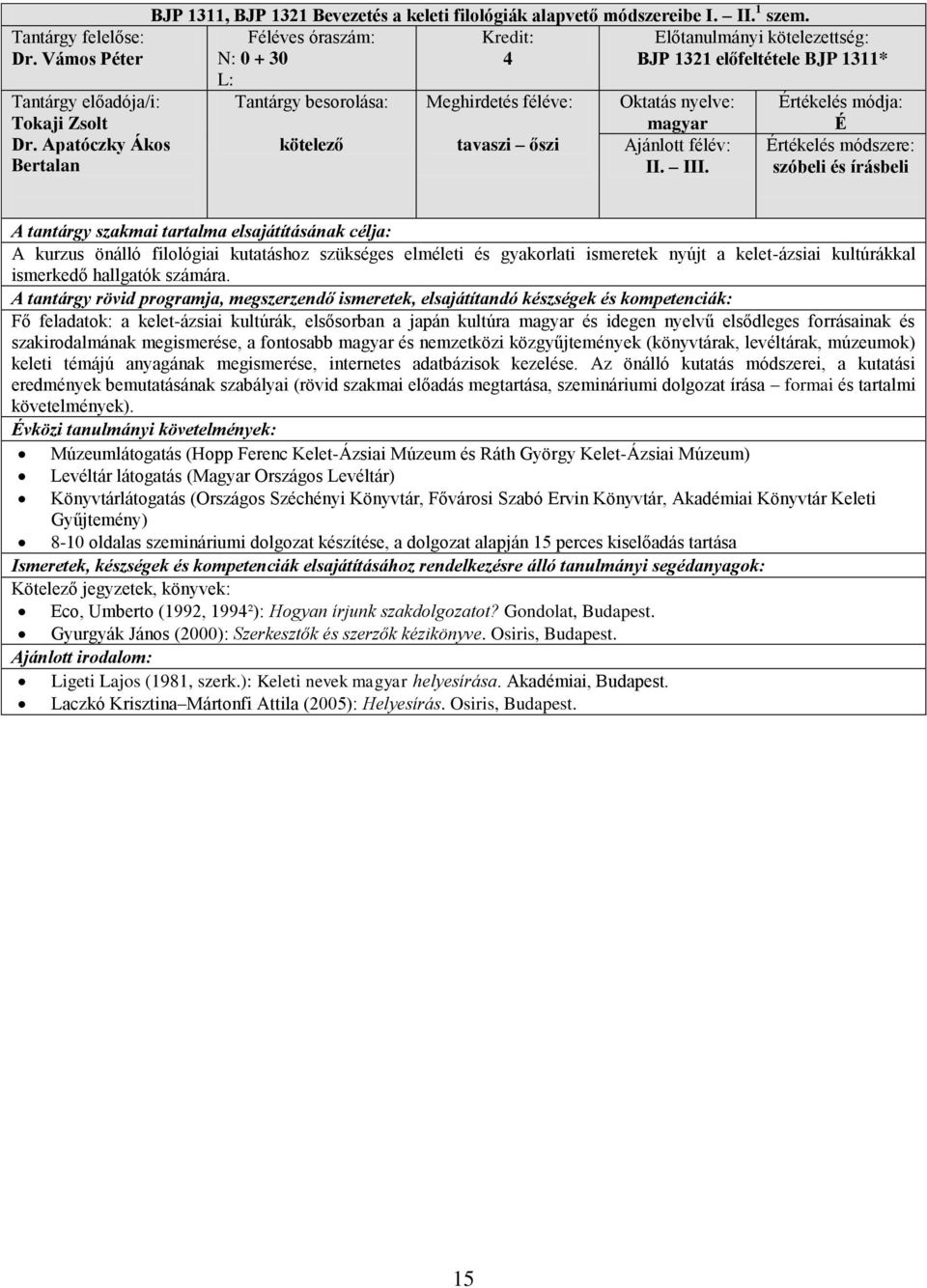 É szóbeli és írásbeli A kurzus önálló filológiai kutatáshoz szükséges elméleti és gyakorlati ismeretek nyújt a kelet-ázsiai kultúrákkal ismerkedő hallgatók számára.