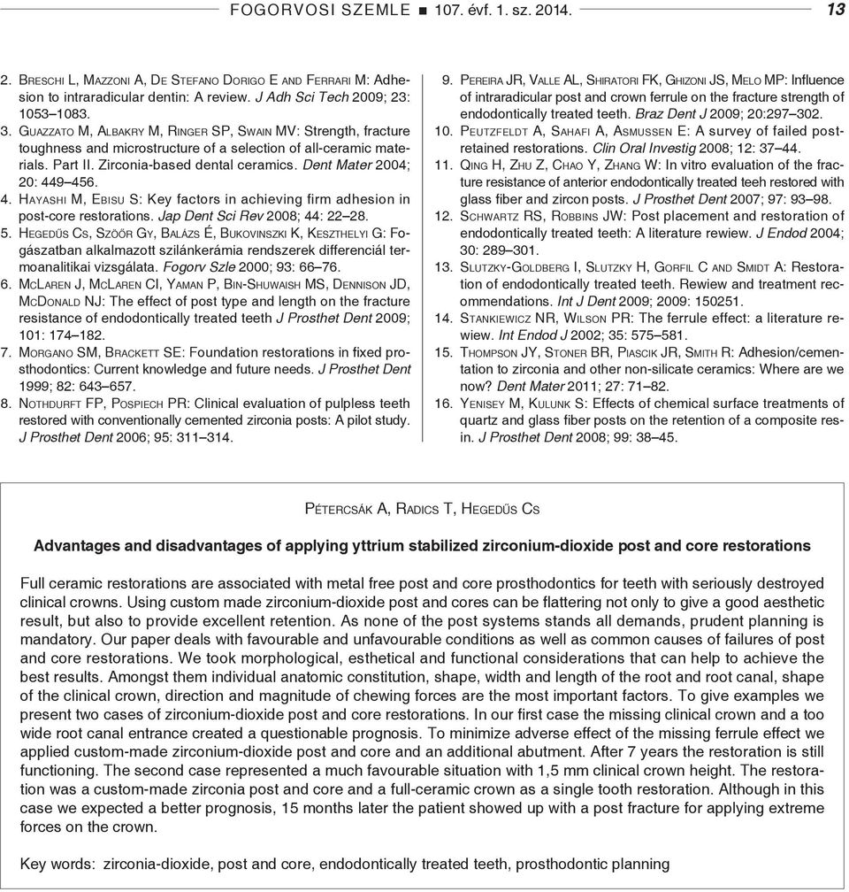 Dent Mater 2004; 20: 449 456. 4. Hayashi M, Ebisu S: Key factors in achieving firm adhesion in post-core restorations. Jap Dent Sci Rev 2008; 44: 22 28. 5.