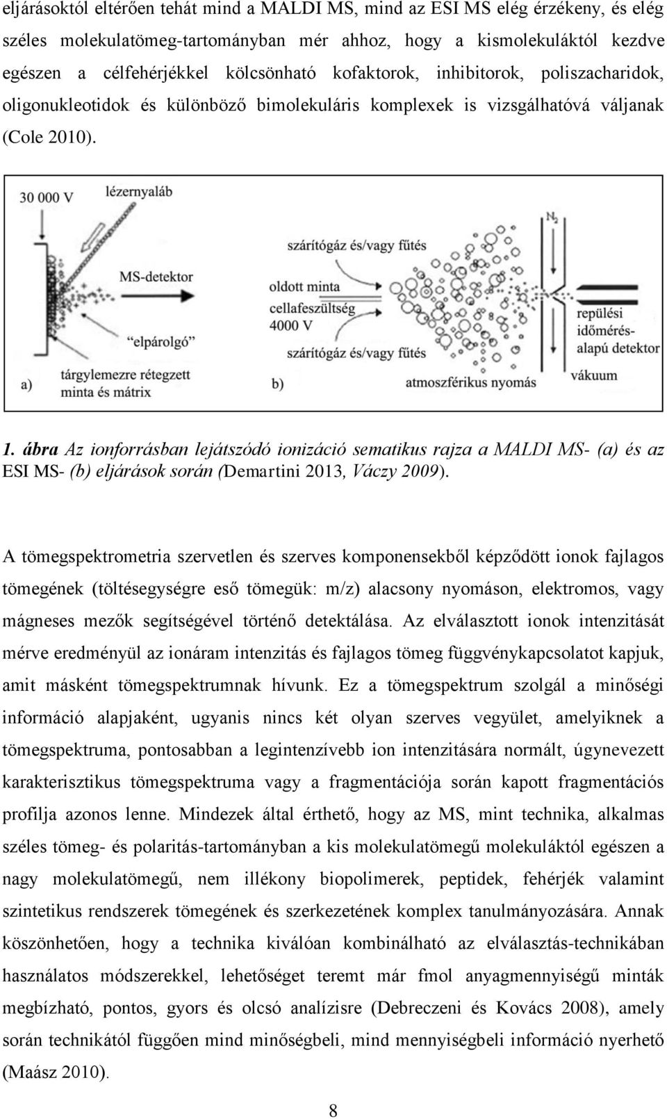 ábra Az ionforrásban lejátszódó ionizáció sematikus rajza a MALDI MS- (a) és az ESI MS- (b) eljárások során (Demartini 2013, Váczy 2009).