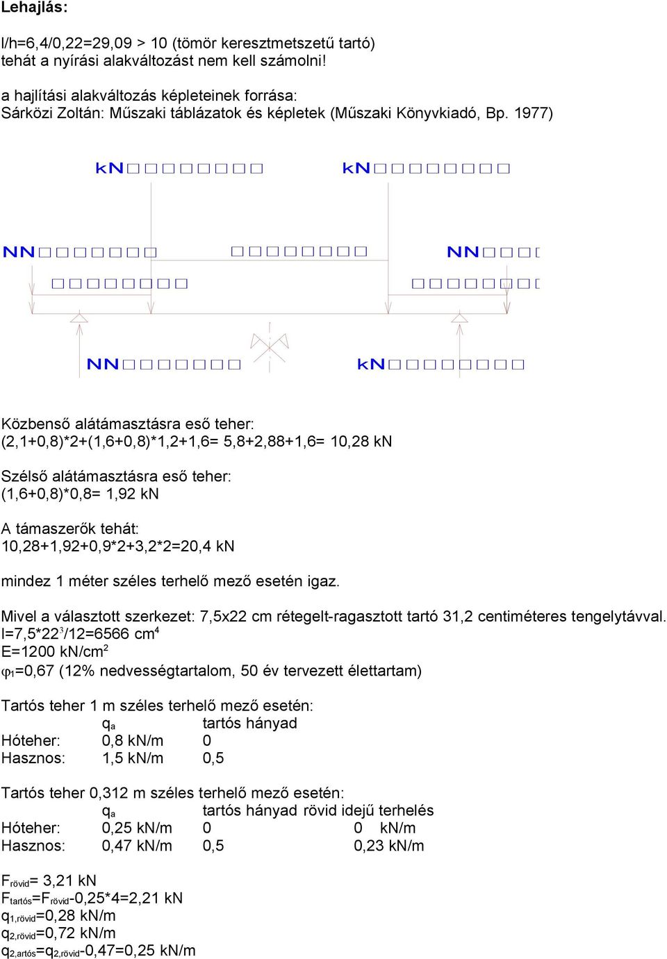 1977) kn kn NNO NNO NNO kn Közbenső alátámasztásra eső teher: (2,1+0,8)*2+(1,6+0,8)*1,2+1,6= 5,8+2,88+1,6= 10,28 kn Szélső alátámasztásra eső teher: (1,6+0,8)*0,8= 1,92 kn A támaszerők tehát: