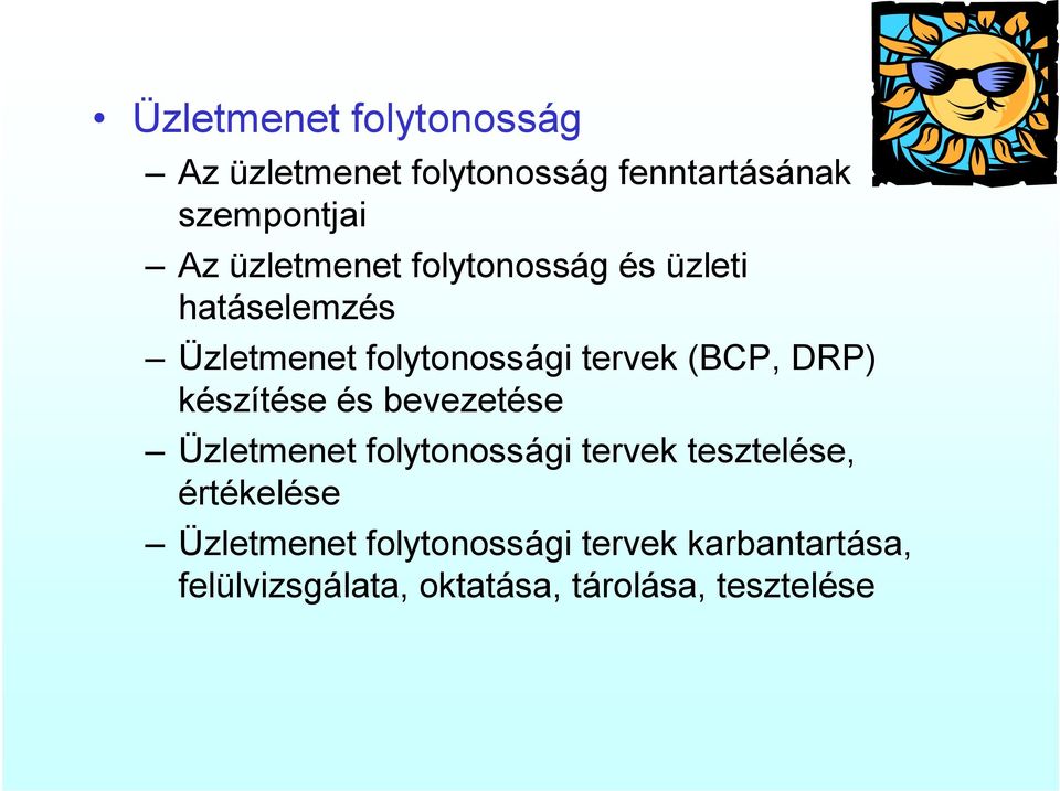 DRP) készítése és bevezetése Üzletmenet folytonossági tervek tesztelése, értékelése