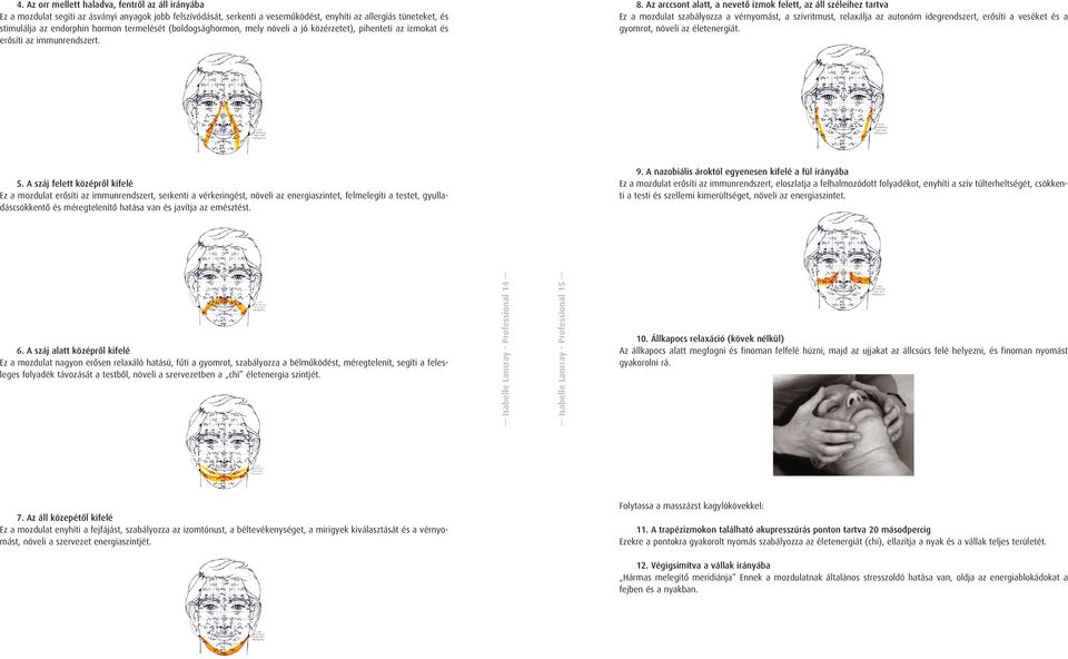 Az arccsont alatt, a nevetô izmok felett, az áll széleihez tartva Ez a mozdulat szabályozza a vérnyomást, a szívritmust, relaxálja az autonóm idegrendszert, erôsíti a veséket és a gyomrot, növeli az