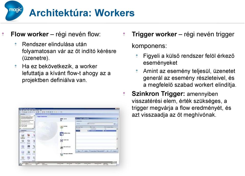 Trigger worker régi nevén trigger komponens: Figyeli a külső rendszer felöl érkező eseményeket Amint az esemény teljesül, üzenetet generál