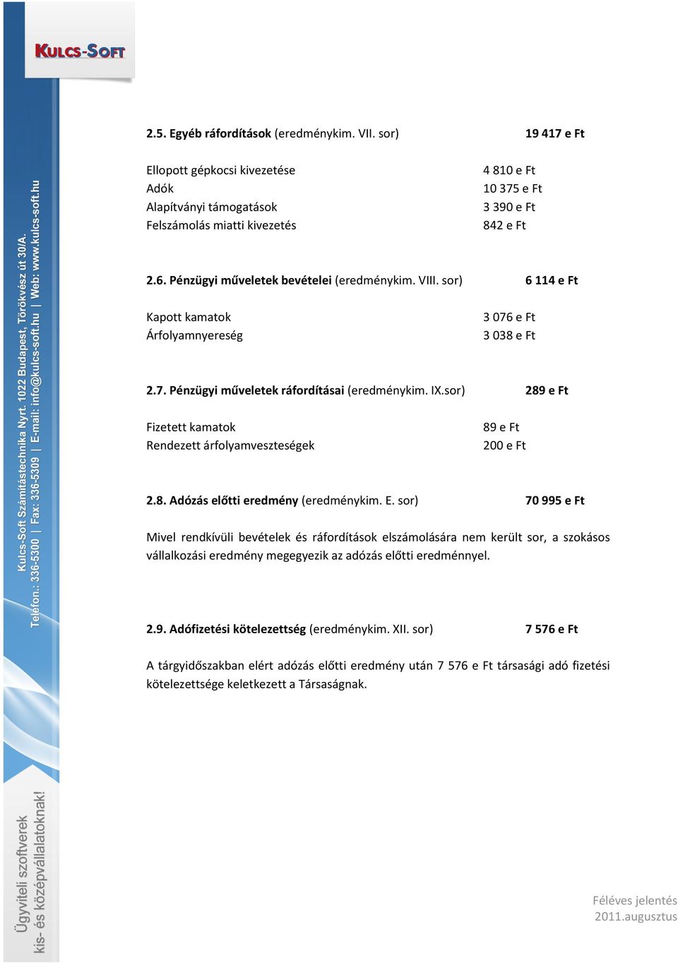 sor) 289 e Ft Fizetett kamatok Rendezett árfolyamveszteségek 89 e Ft 200 e Ft 2.8. Adózás előtti eredmény (eredménykim. E.