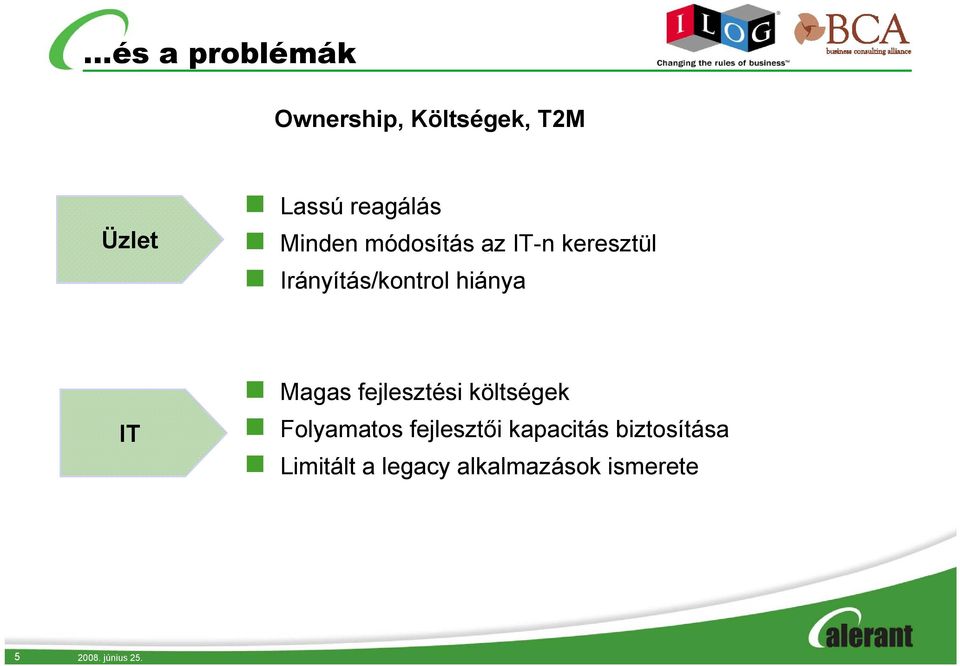 Irányítás/kontrol hiánya IT Magas fejlesztési költségek