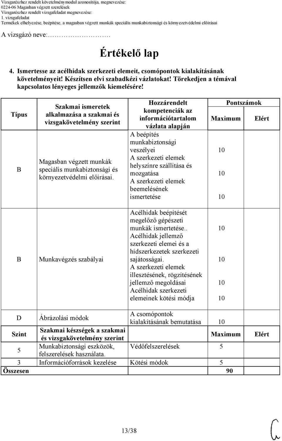 Típus Szakmai ismeretek alkalmazása a szakmai és vizsgakövetelmény szerint Magasban végzett munkák speciális munkabiztonsági és környezetvédelmi előírásai.