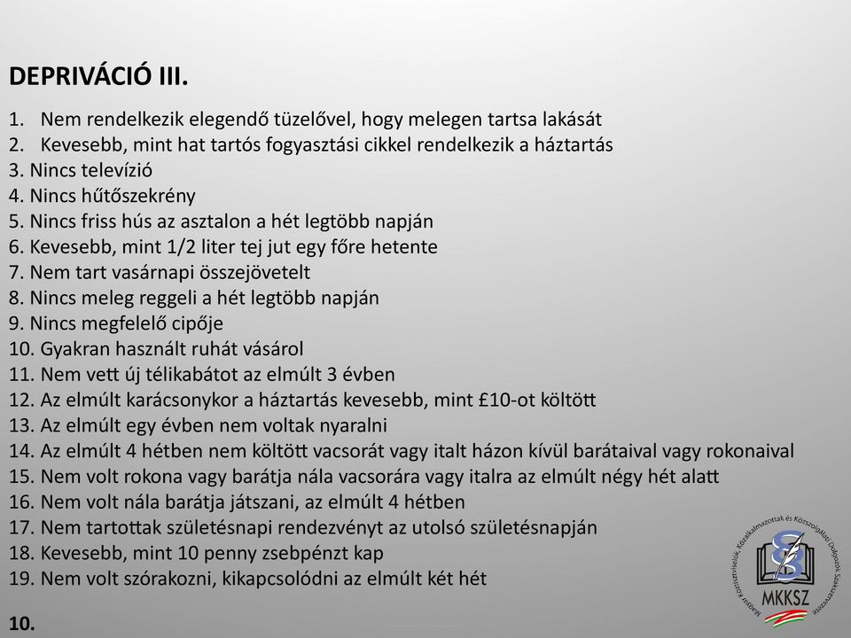 Nincs megfelelő cipője 10. Gyakran használt ruhát vásárol 11. Nem vett új télikabátot az elmúlt 3 évben 12. Az elmúlt karácsonykor a háztartás kevesebb, mint 10-ot költött 13.