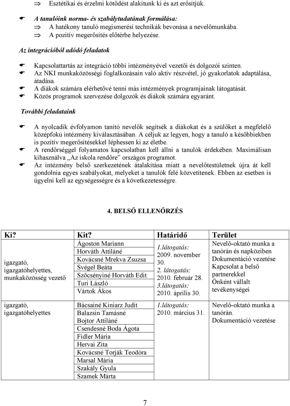 Az NKI munkaközösségi foglalkozásain való aktív részvétel, jó gyakorlatok adaptálása, átadása. A diákok számára elérhetővé tenni más intézmények programjainak látogatását.