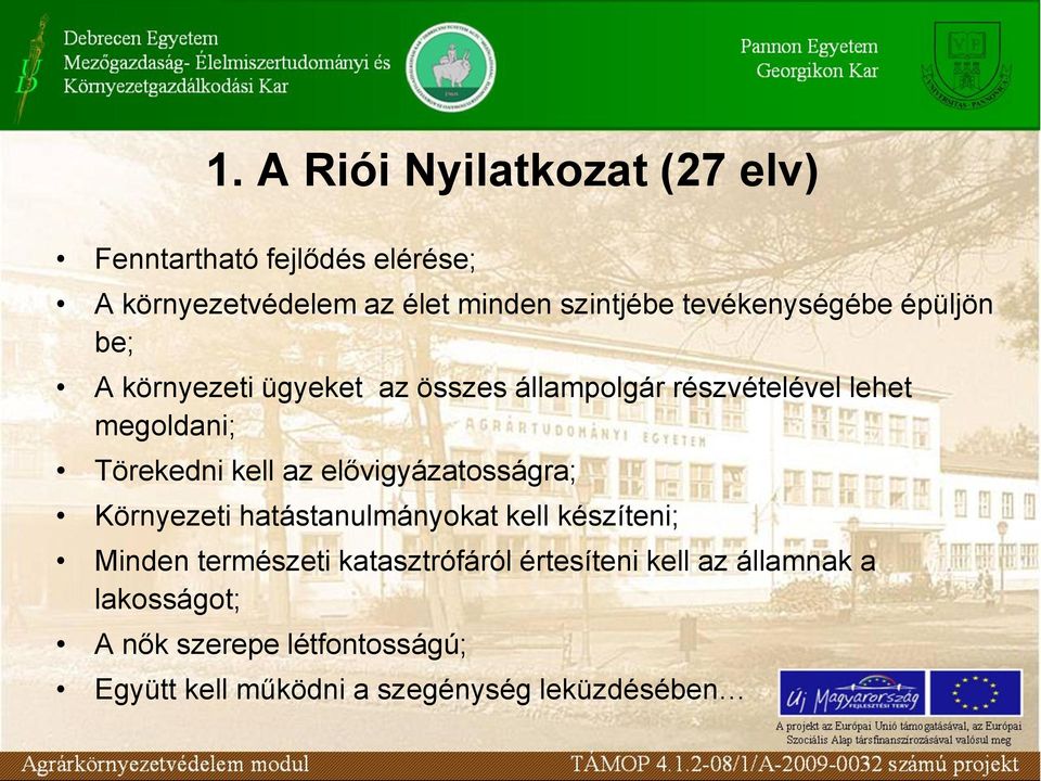 Törekedni kell az elővigyázatosságra; Környezeti hatástanulmányokat kell készíteni; Minden természeti